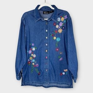 Vintage Silver Threads floral embroidered denim shirt M long sleeve jean shirt